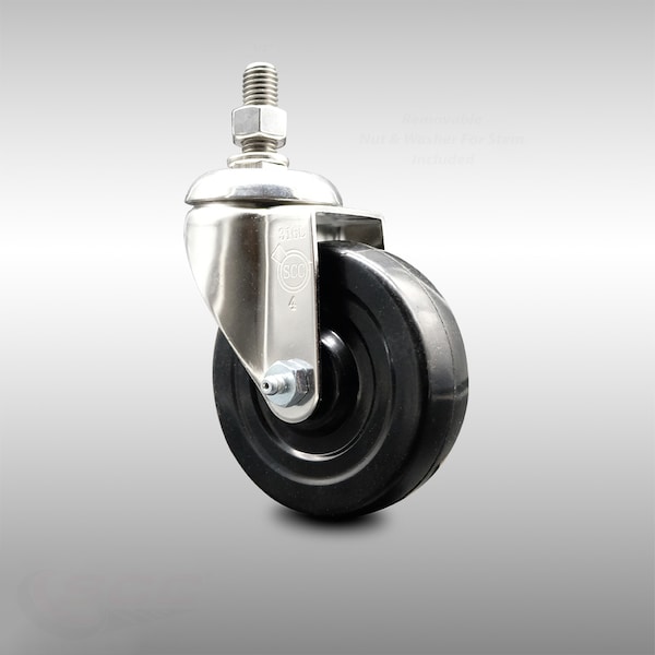 4 Inch 316SS Hard Rubber Wheel Swivel 1/2 Inch Threaded Stem Caster